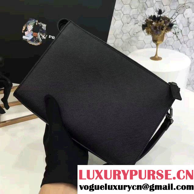Prada Saffiano Leather Pouch With Intarsia Details Travel Kit 2NE009 Black/Dark Green 2017