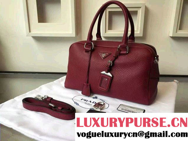 Prada Clemence Leather Boston Tote Bag 0915 Burgundy 2015