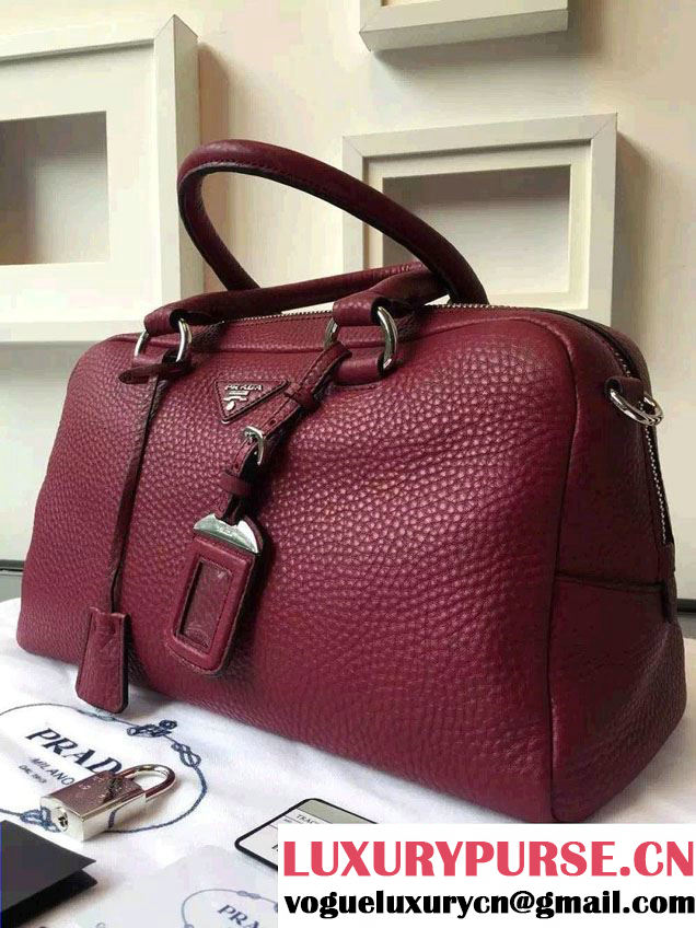Prada Clemence Leather Boston Tote Bag 0915 Burgundy 2015
