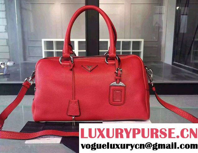 Prada Clemence Leather Boston Tote Bag 0915 Red 2015