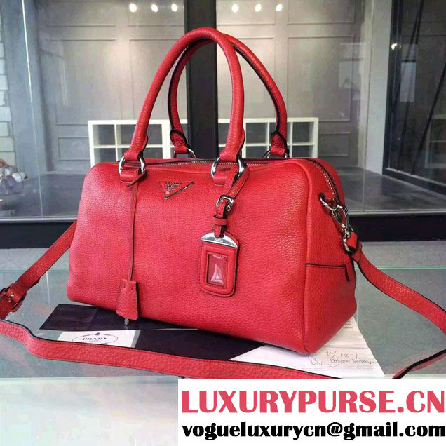 Prada Clemence Leather Boston Tote Bag 0915 Red 2015