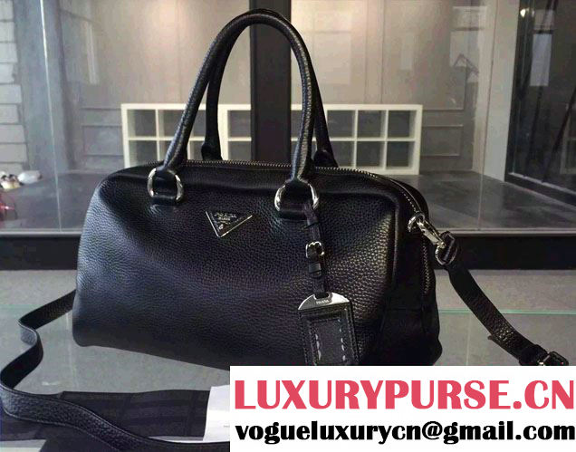 Prada Clemence Leather Boston Tote Bag 0915 Black 2015