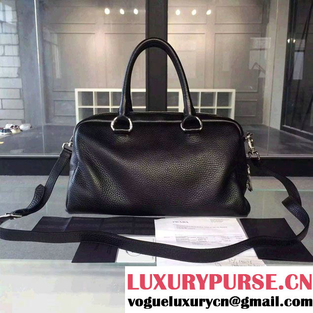 Prada Clemence Leather Boston Tote Bag 0915 Black 2015