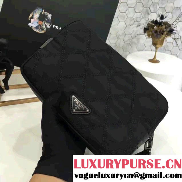 Prada Saffiano Leather Nylon Pouch With Double Top-Stitching Travel Kit 2NE007 Black/Dark Green 2017