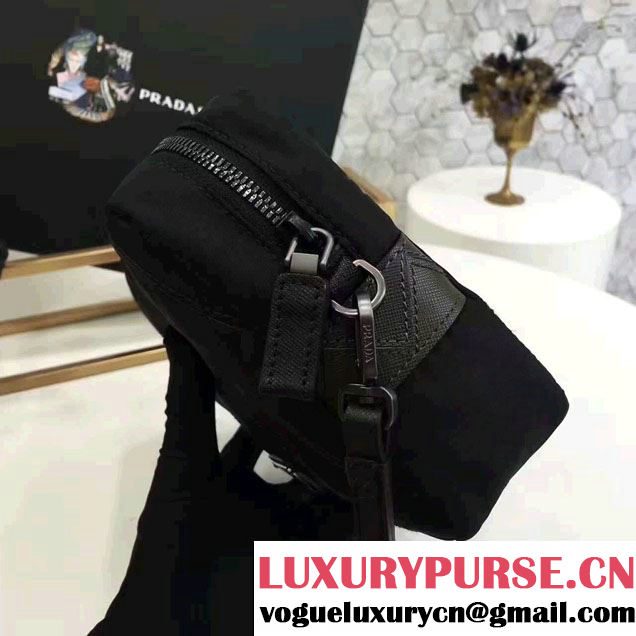 Prada Saffiano Leather Nylon Pouch With Double Top-Stitching Travel Kit 2NE007 Black/Dark Green 2017