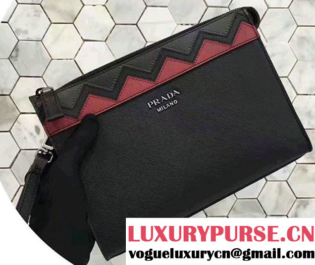 Prada Saffiano Leather Pouch With Intarsia Details Travel Kit 2NE009 Black/Hot Pink 2017