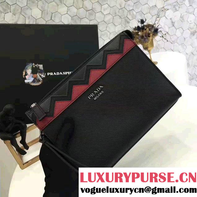 Prada Saffiano Leather Pouch With Intarsia Details Travel Kit 2NE009 Black/Hot Pink 2017