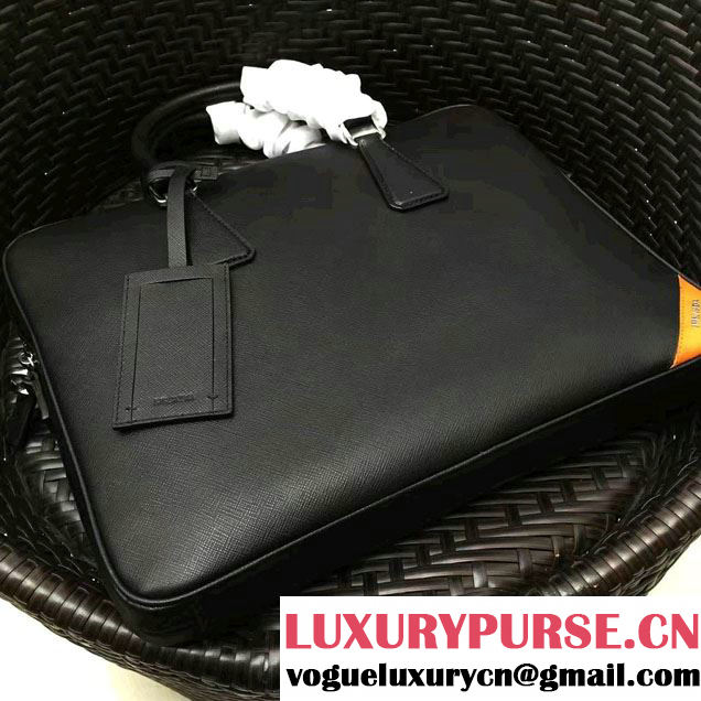 Prada Saffiano Leather Briefcase 2VE368 Black/Orange 2016