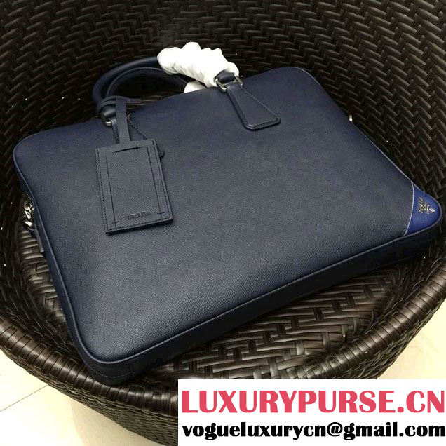 Prada Saffiano Leather Briefcase 2VE368 Dark Blue/Blue 2016