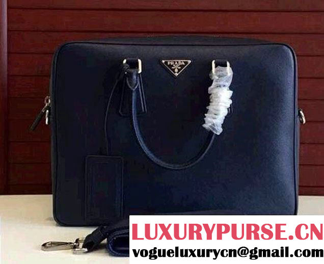 Prada Saffiano Leather Briefcase 2VE891 Dark Blue 2016