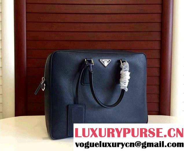 Prada Saffiano Leather Briefcase 2VE891 Dark Blue 2016