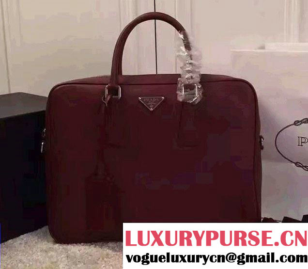 Prada Saffiano Leather Briefcase 2VE891 Dark Red 2016