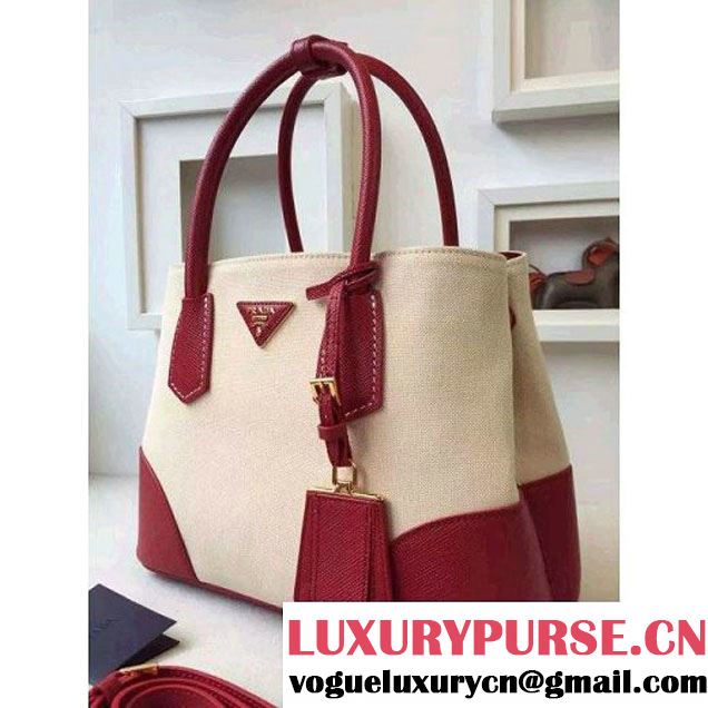 Prada BN2887 Hemp Fabric Tote Beige+Red 2015 (2A016-062201 )