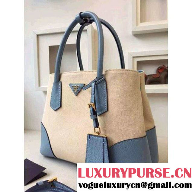 Prada BN2887 Hemp Fabric Tote Beige+Pale Blue 2015 (2A016-062202 )