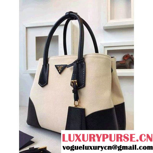 Prada BN2887 Hemp Fabric Tote Beige+Black 2015 (2A016-062206 )