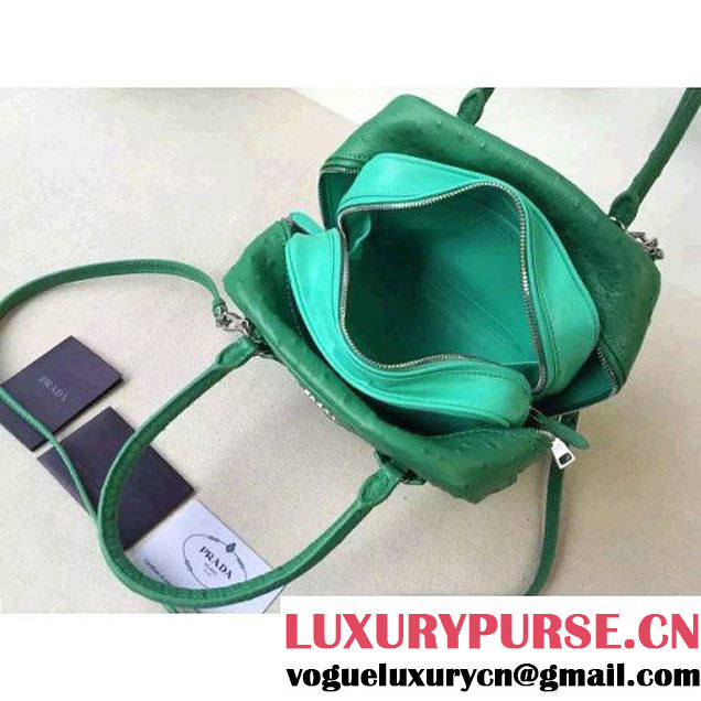 Prada 1BB011 Small Inside Calf Leather Ostrich Pattern Bag Green+Aquamarine 2015 (2A016-091522 )