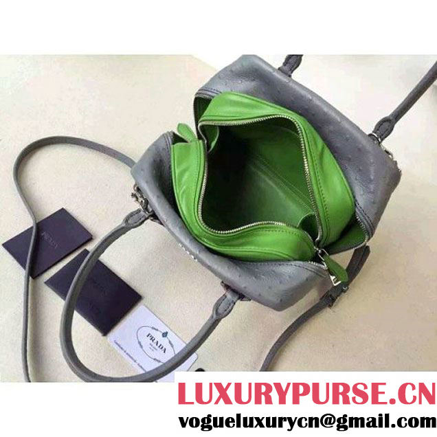 Prada 1BB011 Small Inside Calf Leather Ostrich Pattern Bag Cloudy Gray+Olive Green 2015 (2A016-091524 )