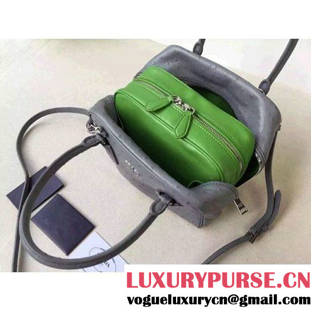 Prada 1BB011 Small Inside Calf Leather Ostrich Pattern Bag Cloudy Gray+Olive Green 2015 (2A016-091524 )