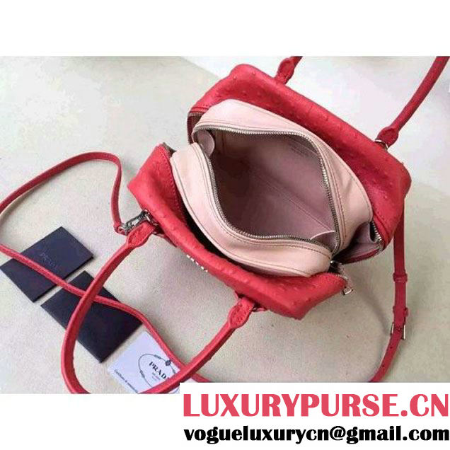 Prada 1BB011 Small Inside Calf Leather Ostrich Pattern Bag Red+Peach 2015 (2A016-091528 )
