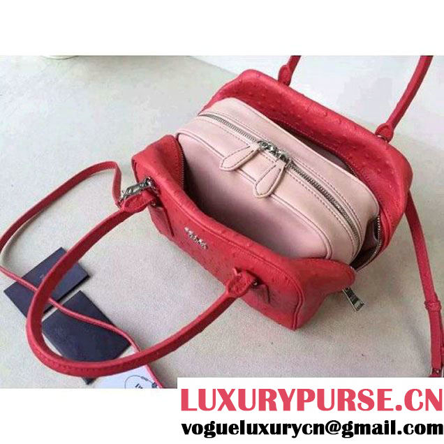 Prada 1BB011 Small Inside Calf Leather Ostrich Pattern Bag Red+Peach 2015 (2A016-091528 )