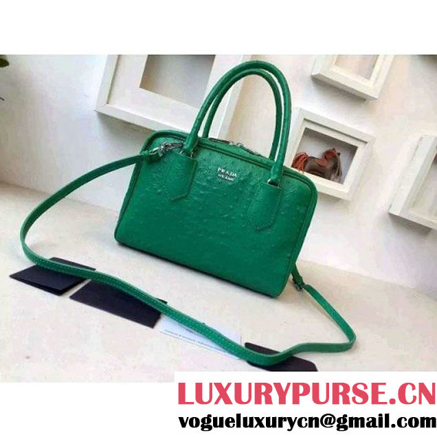 Prada 1BB010 Medium Inside Calf Leather Ostrich Pattern Bag Green+Aquamarine 2015 (2A016-091523 )