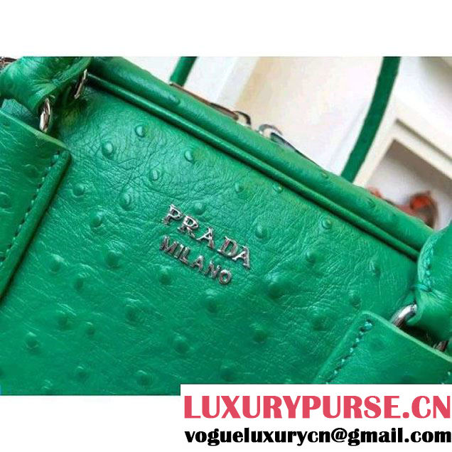 Prada 1BB010 Medium Inside Calf Leather Ostrich Pattern Bag Green+Aquamarine 2015 (2A016-091523 )