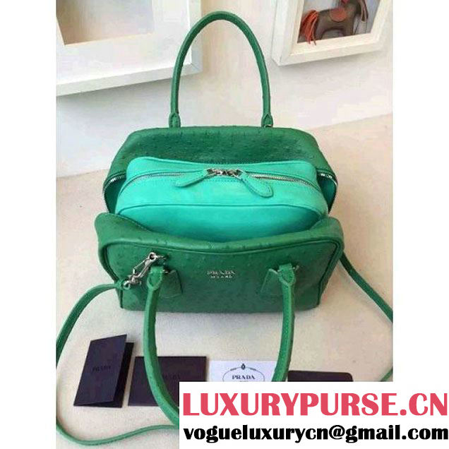 Prada 1BB010 Medium Inside Calf Leather Ostrich Pattern Bag Green+Aquamarine 2015 (2A016-091523 )
