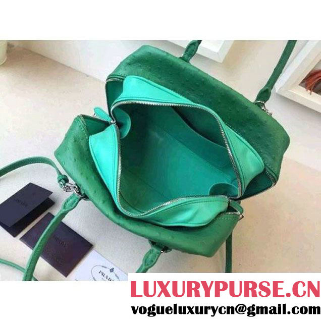 Prada 1BB010 Medium Inside Calf Leather Ostrich Pattern Bag Green+Aquamarine 2015 (2A016-091523 )