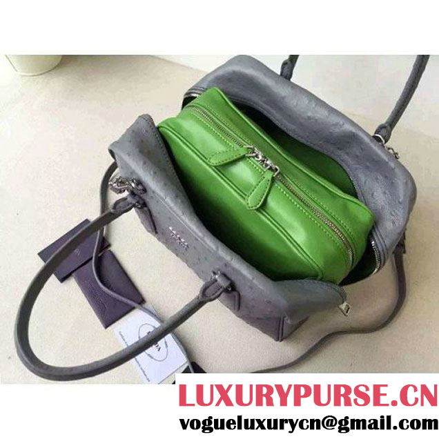 Prada 1BB010 Medium Inside Calf Leather Ostrich Pattern Bag Cloudy Gray+Olive Green 2015 (2A016-091525 )