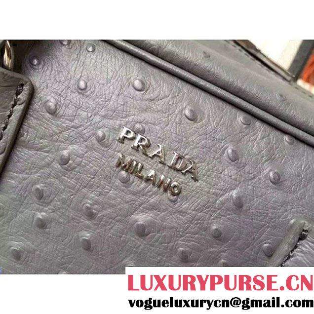 Prada 1BB010 Medium Inside Calf Leather Ostrich Pattern Bag Cloudy Gray+Olive Green 2015 (2A016-091525 )