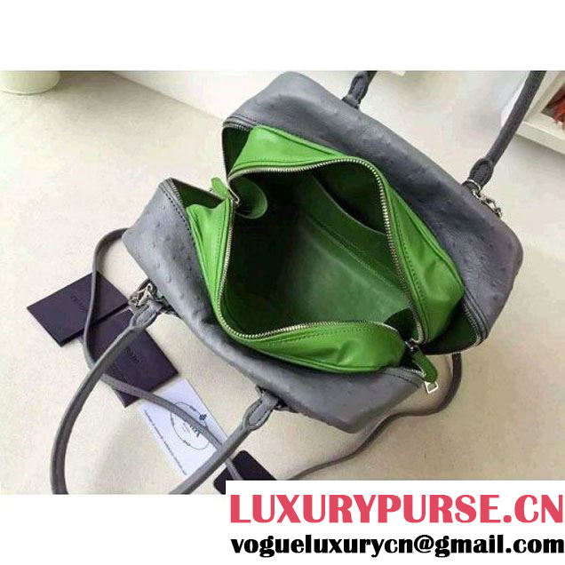 Prada 1BB010 Medium Inside Calf Leather Ostrich Pattern Bag Cloudy Gray+Olive Green 2015 (2A016-091525 )