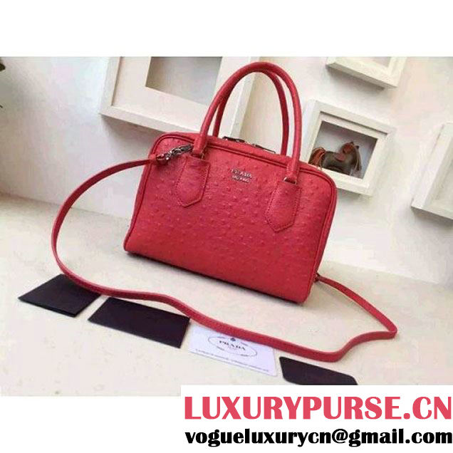 Prada 1BB010 Medium Inside Calf Leather Ostrich Pattern Bag Red+Peach 2015 (2A016-091529 )