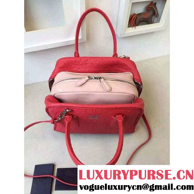Prada 1BB010 Medium Inside Calf Leather Ostrich Pattern Bag Red+Peach 2015 (2A016-091529 )