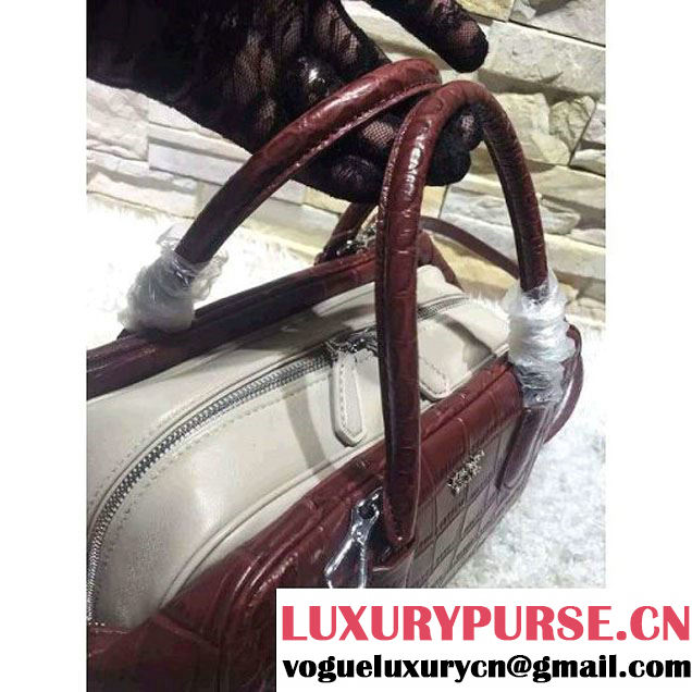 Prada Calfskin Crocodile Pattern Medium Inside Top Handle Bag Burgundy+Beige Fall 2015  (2A193-110621 )