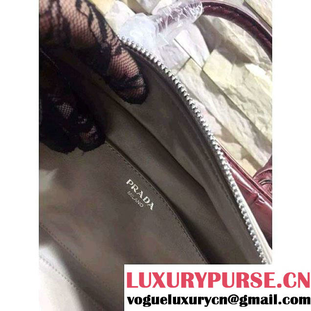 Prada Calfskin Crocodile Pattern Medium Inside Top Handle Bag Burgundy+Beige Fall 2015  (2A193-110621 )