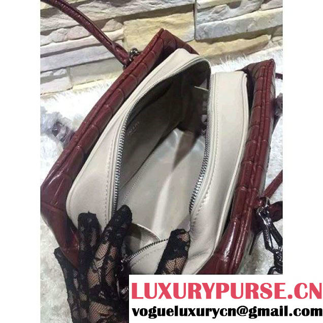 Prada Calfskin Crocodile Pattern Medium Inside Top Handle Bag Burgundy+Beige Fall 2015  (2A193-110621 )
