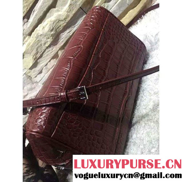 Prada Calfskin Crocodile Pattern Medium Inside Top Handle Bag Burgundy+Beige Fall 2015  (2A193-110621 )