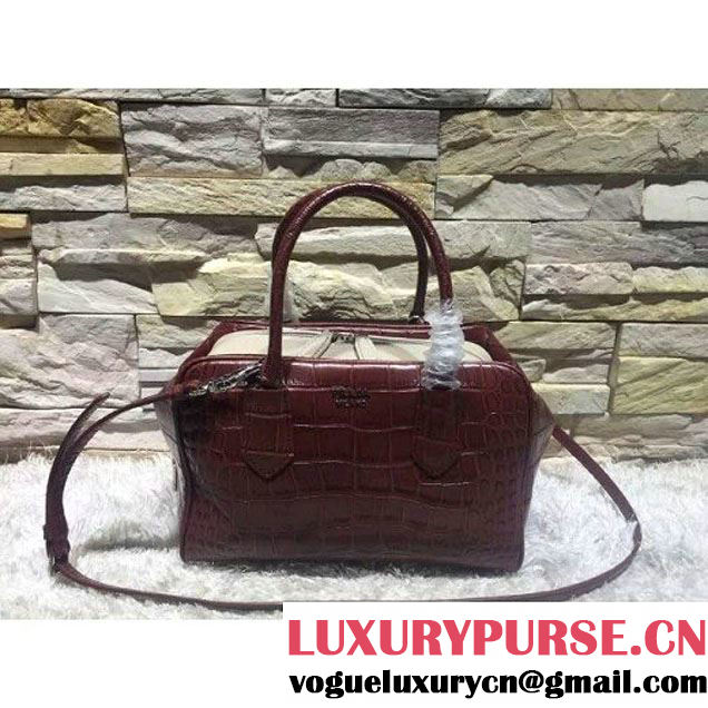 Prada Calfskin Crocodile Pattern Medium Inside Top Handle Bag Burgundy+Beige Fall 2015  (2A193-110621 )
