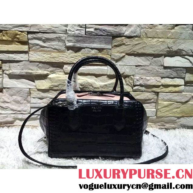 Prada Calfskin Crocodile Pattern Medium Inside Top Handle Bag Black+Nude Pink Fall 2015 (2A193-110622 )