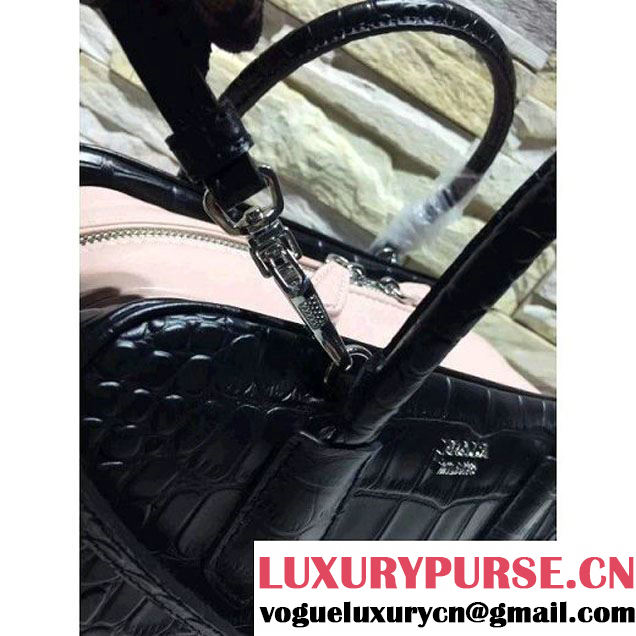 Prada Calfskin Crocodile Pattern Medium Inside Top Handle Bag Black+Nude Pink Fall 2015  (2A193-110622 )