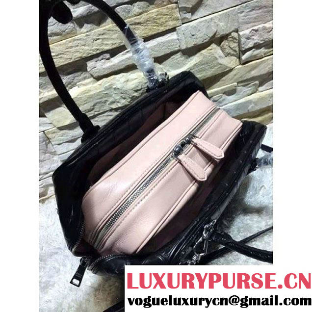 Prada Calfskin Crocodile Pattern Medium Inside Top Handle Bag Black+Nude Pink Fall 2015  (2A193-110622 )