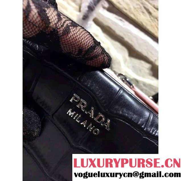 Prada Calfskin Crocodile Pattern Medium Inside Top Handle Bag Black+Nude Pink Fall 2015  (2A193-110622 )