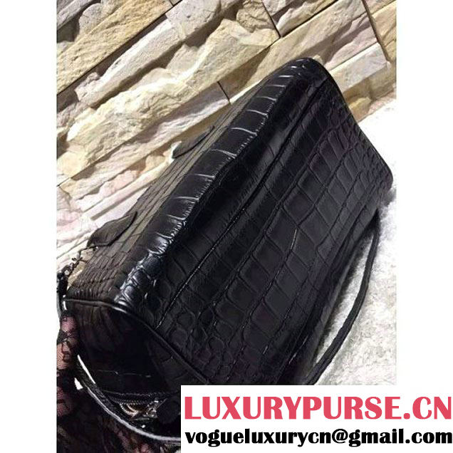 Prada Calfskin Crocodile Pattern Medium Inside Top Handle Bag Black+Nude Pink Fall 2015  (2A193-110622 )