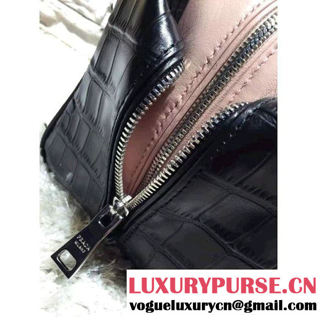 Prada Calfskin Crocodile Pattern Medium Inside Top Handle Bag Black+Nude Pink Fall 2015  (2A193-110622 )