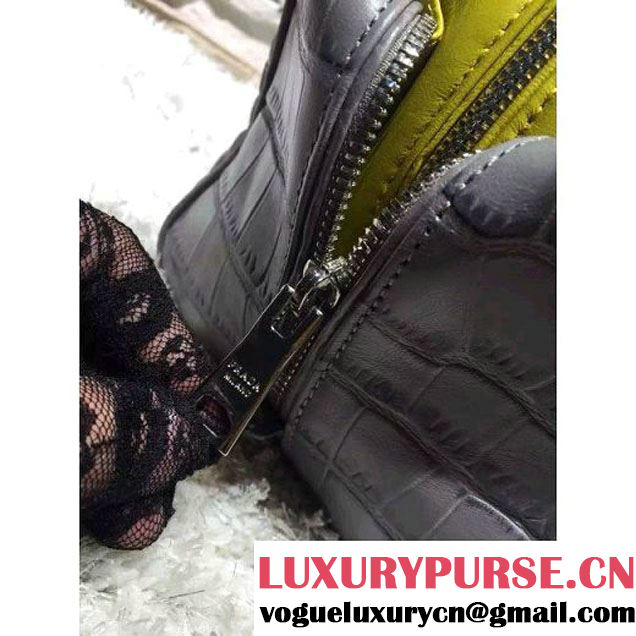 Prada Calfskin Crocodile Pattern Medium Inside Top Handle Bag Marble+Yellow Fall 2015  (2A193-110623 )