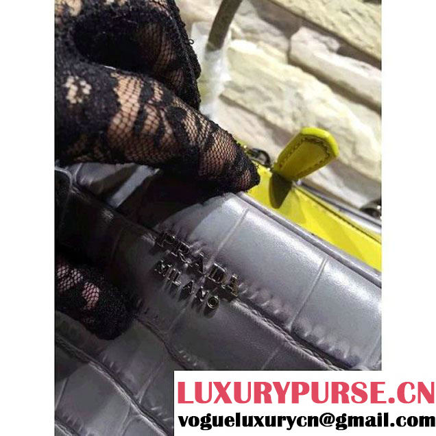 Prada Calfskin Crocodile Pattern Medium Inside Top Handle Bag Marble+Yellow Fall 2015  (2A193-110623 )