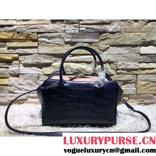 Prada Calfskin Crocodile Pattern Medium Inside Top Handle Bag Navy+Nude Pink Fall 2015 (2A193-110625 )