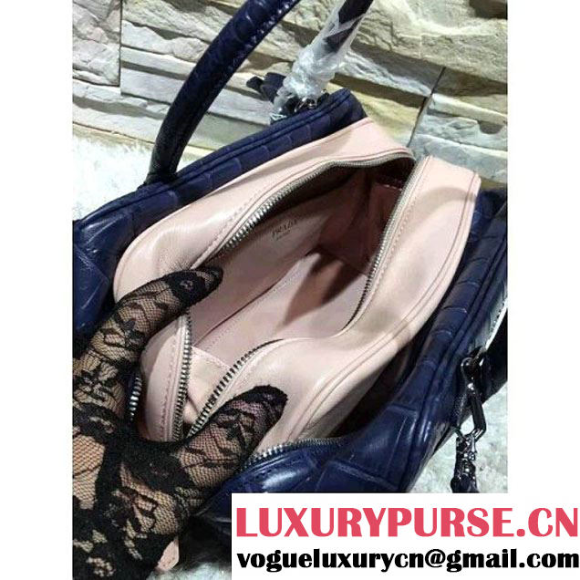 Prada Calfskin Crocodile Pattern Medium Inside Top Handle Bag Navy+Nude Pink Fall 2015  (2A193-110625 )