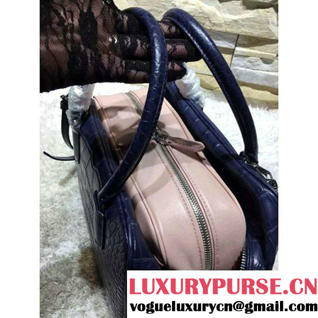 Prada Calfskin Crocodile Pattern Medium Inside Top Handle Bag Navy+Nude Pink Fall 2015  (2A193-110625 )