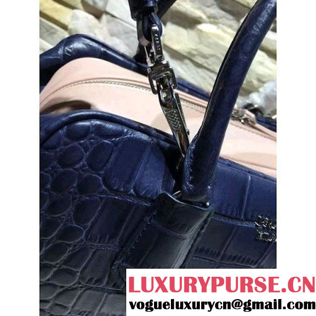 Prada Calfskin Crocodile Pattern Medium Inside Top Handle Bag Navy+Nude Pink Fall 2015  (2A193-110625 )